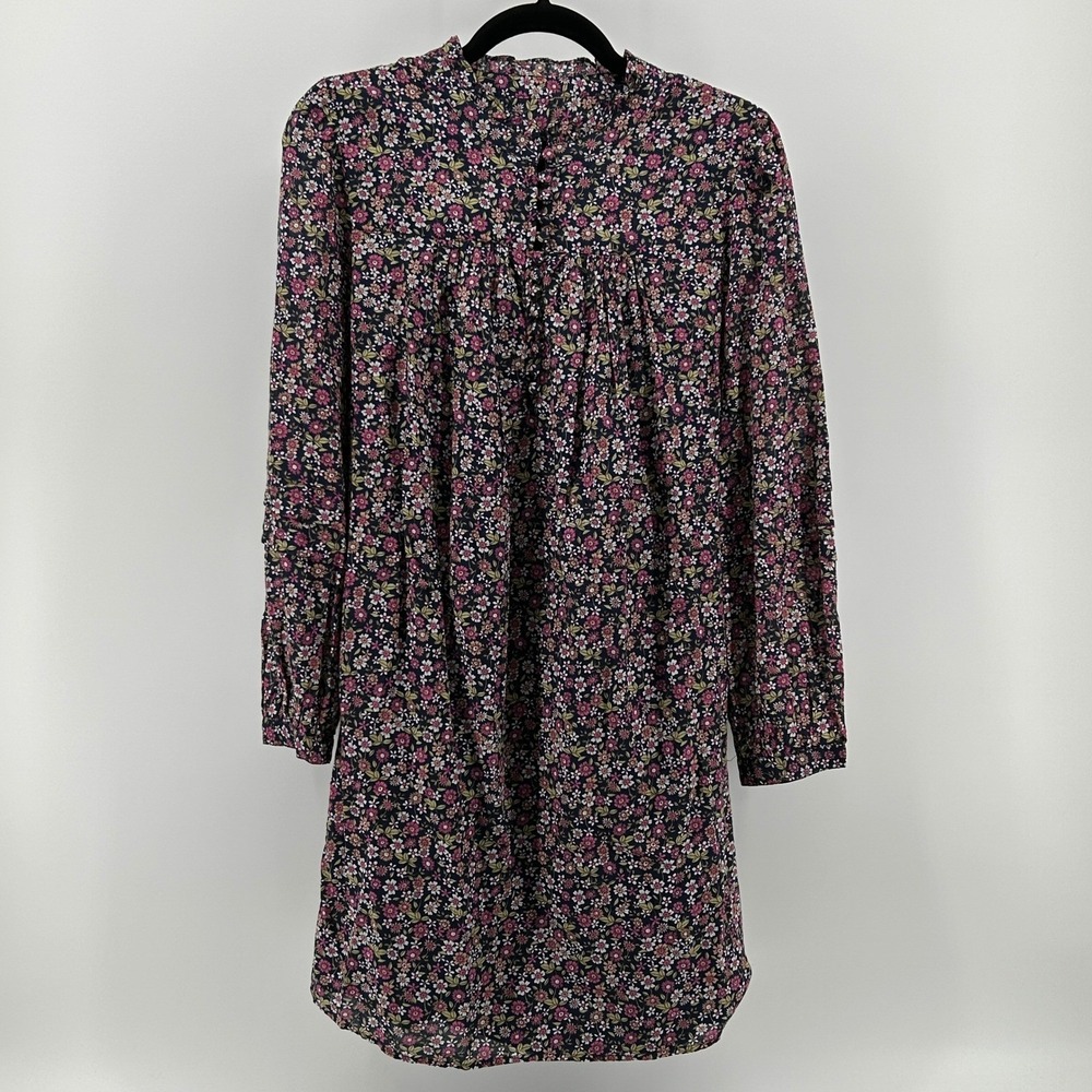 J. Crew Black Floral Long Sleeve Mini Dress with Pink and Green Accents